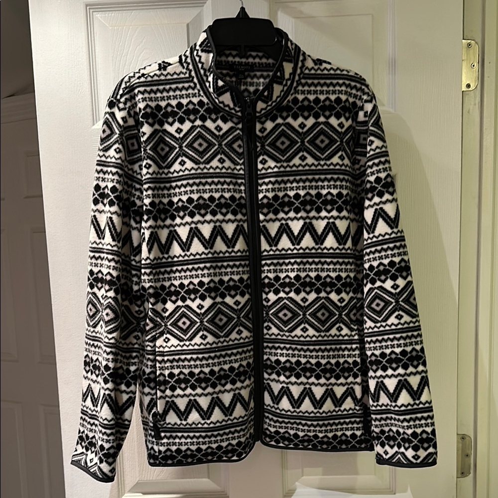 Talbots Black and White Geometric Pattern Fleece Jacket